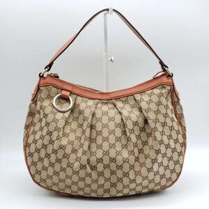 Gucci GG Monogram Canvas Hobo Shoulder Bag Beige Brown Leather Trim Designer